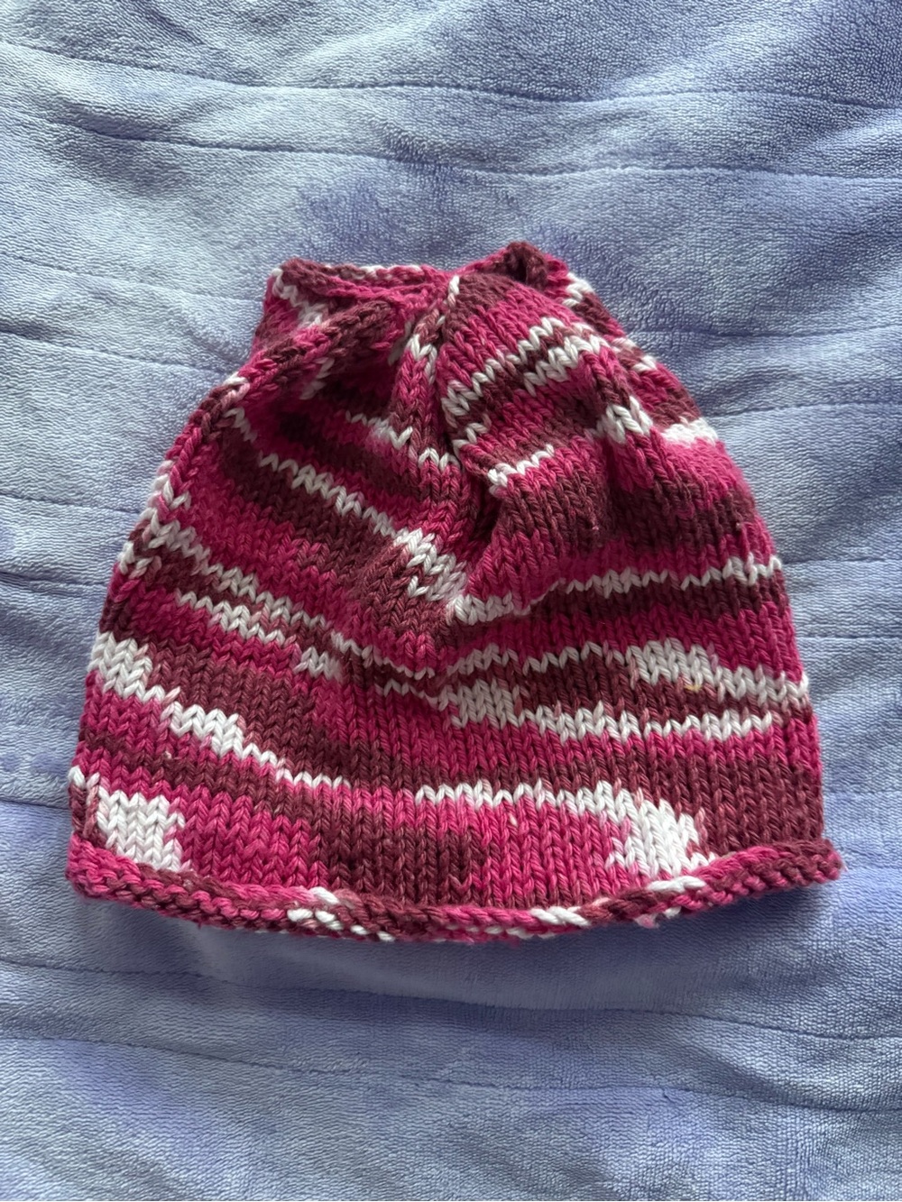 Striped Knit Beanie Hat in Pink and White